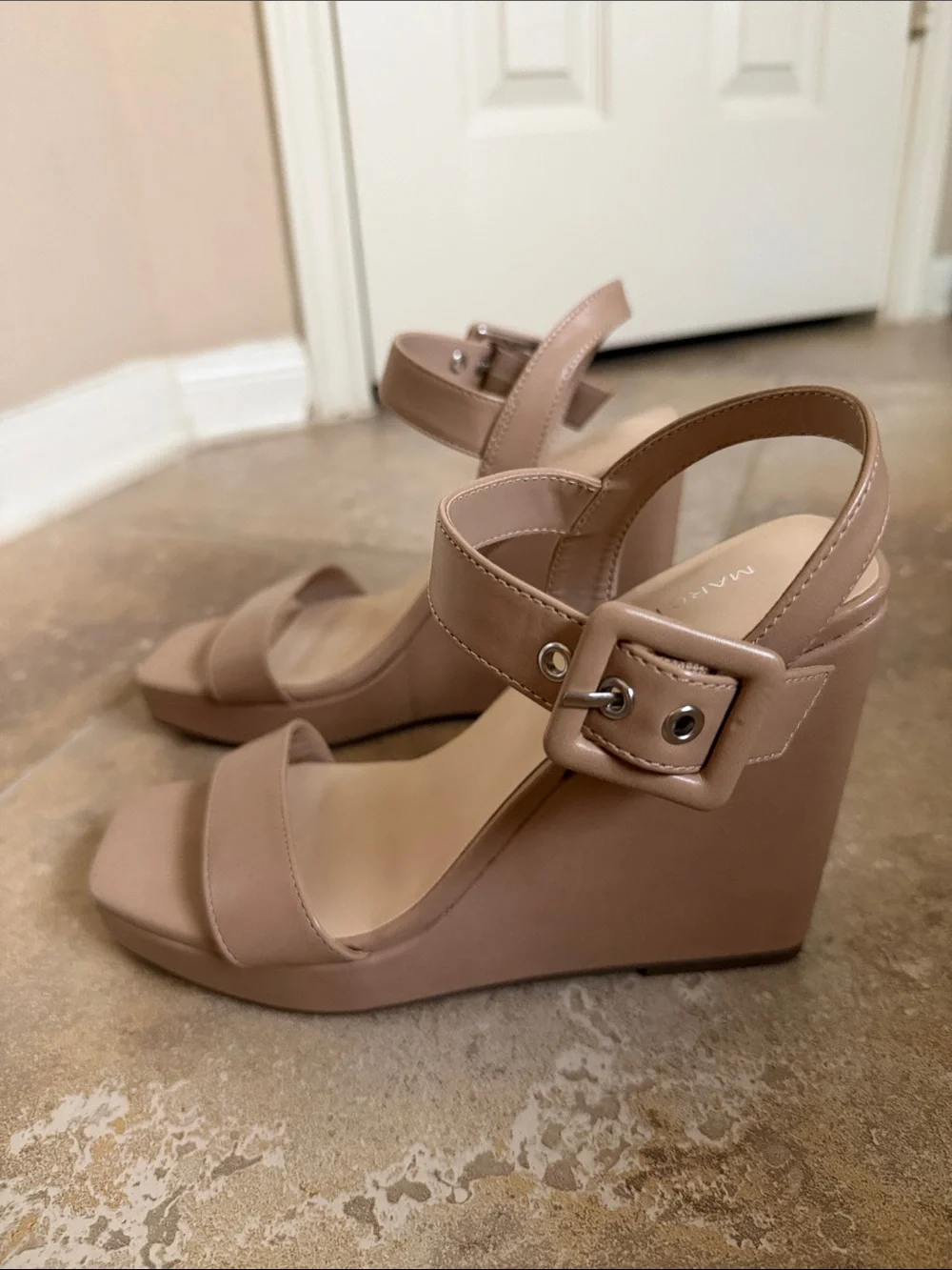 Marc Fisher Nude Tan Square-Toe Block Heel Sandals with Ankle Strap